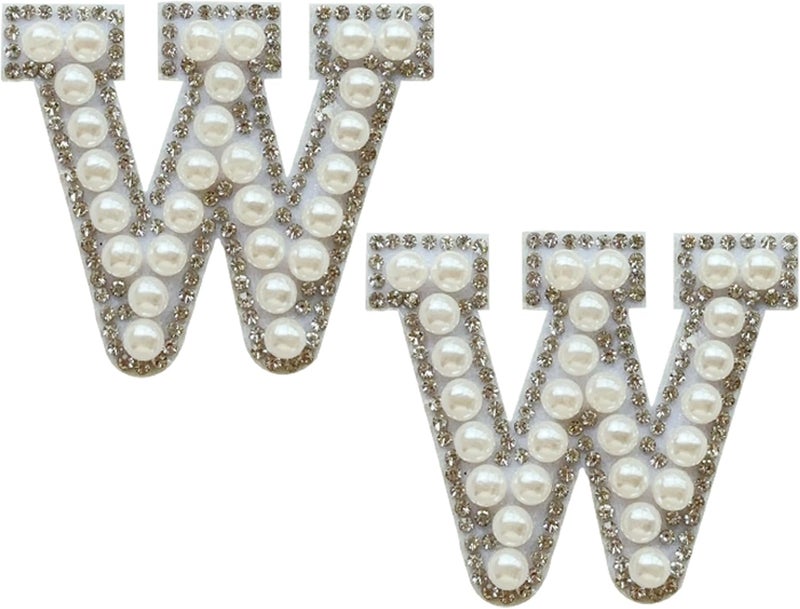 SOYCEV 2PCS White Pearl Iron on Rhinestone Sequin Sparkly Letter Patches for Backpacks Clothing (W) - Image 1